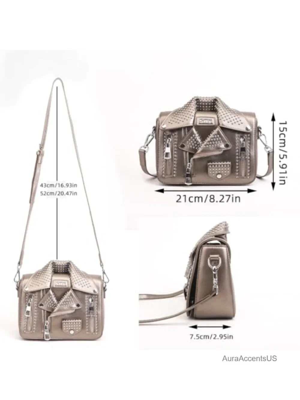 Leather Satchel Bag with Chain Strap Crossbody Shoulder Bag Rivet Details